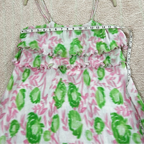 NWT Ganni Pleated Georgette Mini Dress Green Pink Floral Size 34/2 Wedding Guest - Picture 8 of 13